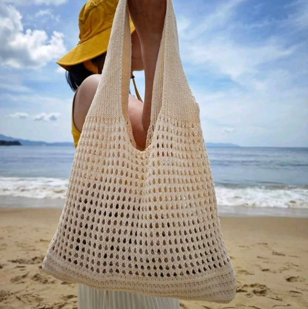 Boho Crochet Apricot Cream Tote Shoulder Bag Beach Bag